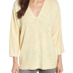 Eileen Fisher Light Yellow V-Neck Slub Knit Lightweight Sweater XL